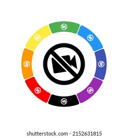 A large black no video symbol in the center, surrounded by eight white symbols on a colored background. Background of seven rainbow colors and black. Vector illustration on white background