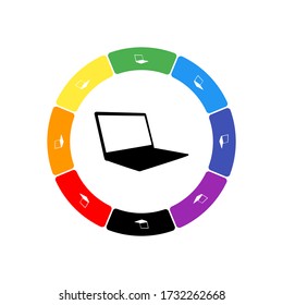 A large black notebook symbol in the center, surrounded by eight white symbols on a colored background. Background of seven rainbow colors and black. Vector illustration on white background