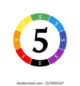 A large black number five symbol in the center, surrounded by eight white symbols on a colored background. Background of seven rainbow colors and black. Vector illustration on white background