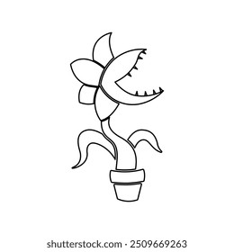 A large black outline carnivorous plant symbol on the center. Vector illustration on white background