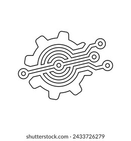 Un gran símbolo de tecnología digital de contorno negro en el centro. Ilustración vectorial sobre fondo blanco
