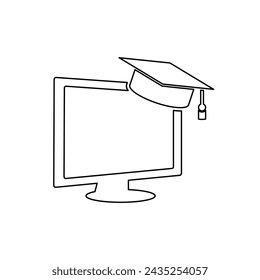 A large black outline distance learning symbol on the center. Vector illustration on white background
