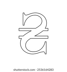A large black outline hryvnia symbol on the center. Vector illustration on white background