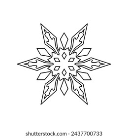 Un gran copo de nieve de contorno negro en el centro. Ilustración vectorial sobre fondo blanco