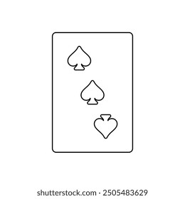 A large black outline Three of Spades playing card on the center. Vector illustration on white background