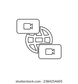 A large black outline videoconference symbol on the center. Vector illustration on white background