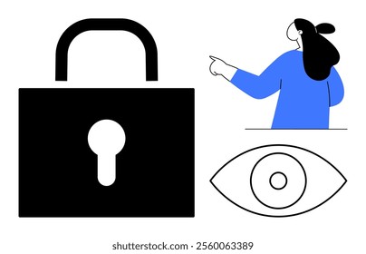 Large black padlock, eye symbol, and a woman pointing highlight security, privacy, and guidance. Ideal for cybersecurity, data protection, privacy policies, internet safety, and secure access. Modern