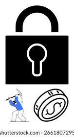 Grande candado negro, minero empuñando pico en azul y blanco, y moneda con signo de dólar. Ideal para seguridad, finanzas, criptomonedas, inversión, crecimiento económico y riqueza minera. Metáfora de línea