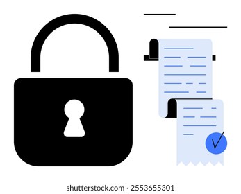 Large black padlock next to a rolled receipt or document with a blue verification checkmark. Ideal for security, privacy, data protection, authenticity, verification. Minimalist vector style