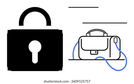 Large black padlock next to white briefcase with blue wire, lines and abstract elements. Ideal for cybersecurity, data protection, remote work, business security, privacy, secure transactions