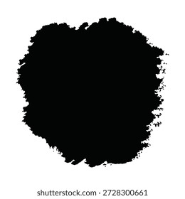 Ein großer schwarzer Farbfleck auf weißem Hintergrund, der ein gewagtes und grafisches Illustrationselement mit einer rauen Textur und unordentlichen Schmutzspritzer erzeugt. Der Schlick hat eine dynamische, ausdrucksstarke und gestische Qualität, mit einem lebendigen und intensiven Farbkontrast zum sauberen weißen Hintergrund. Das Bild zeigt einen modernen und künstlerischen Stil, mit dem Schwerpunkt auf abstraktem Design und visuellem Interesse.