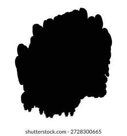 Una Grande mancha de pintura negra ocupa un lugar destacado sobre un fondo blanco limpio. La mancha tiene una textura áspera e irregular y parece estar formada por muchas manchas de pintura Pequeñas y conectadas. El efecto general es de una expresión gráfica audaz, con los colores blanco y negro creando un contraste visual llamativo.