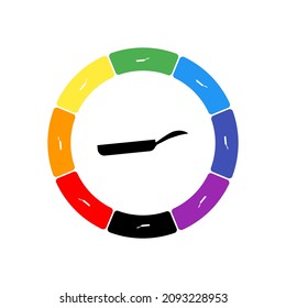 A large black pan symbol in the center, surrounded by eight white symbols on a colored background. Background of seven rainbow colors and black. Vector illustration on white background