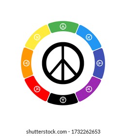 A large black peace symbol in the center, surrounded by eight white symbols on a colored background. Background of seven rainbow colors and black. Vector illustration on white background