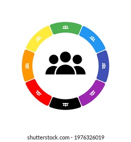 A large black people symbol in the center, surrounded by eight white symbols on a colored background. Background of seven rainbow colors and black. Vector illustration on white background