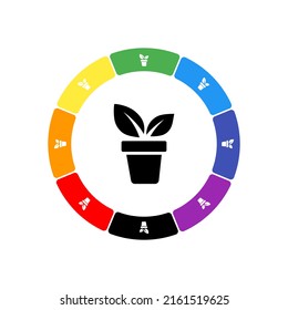 A large black plant in pot symbol in the center, surrounded by eight white symbols on a colored background. Background of seven rainbow colors and black. Vector illustration on white background
