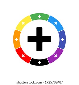 A large black plus symbol in the center, surrounded by eight white symbols on a colored background. Background of seven rainbow colors and black. Vector illustration on white background