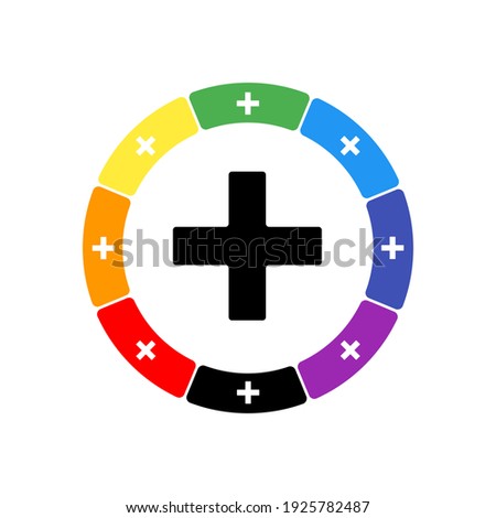 A large black plus symbol in the center, surrounded by eight white symbols on a colored background. Background of seven rainbow colors and black. Vector illustration on white background