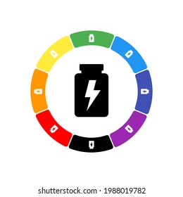 A large black power jar symbol in the center, surrounded by eight white symbols on a colored background. Background of seven rainbow colors and black. Vector illustration on white background
