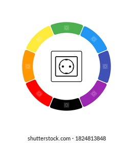 Un gran símbolo de toma de corriente negra en el centro, rodeado de ocho símbolos blancos en un fondo de color. Fondo de siete colores arcoiris y negro. Ilustración del vector sobre fondo blanco