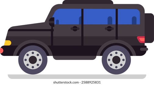 Large black, powerful four wheel drive SUV with tinted windows and a spare wheel mounted on the back, parked on a clean white background, showcasing a sleek side view