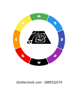 A large black printed circuit board in the center, surrounded by eight white symbols on a colored background. Background of seven rainbow colors and black. Vector illustration on white background