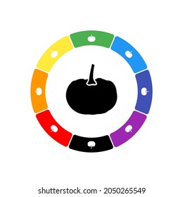 A large black pumpkin symbol in the center, surrounded by eight white symbols on a colored background. Background of seven rainbow colors and black. Vector illustration on white background