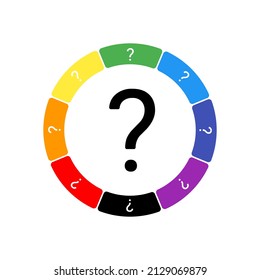 A large black question symbol in the center, surrounded by eight white symbols on a colored background. Background of seven rainbow colors and black. Vector illustration on white background