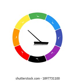 A large black rake symbol in the center, surrounded by eight white symbols on a colored background. Background of seven rainbow colors and black. Vector illustration on white background