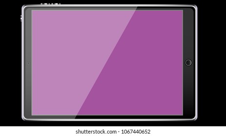 Large black realistic mobile smart touch-sensitive slim tablet computer frame with metal face with glossy purple unfilled glowing screen isolated on black background. Vector illustration