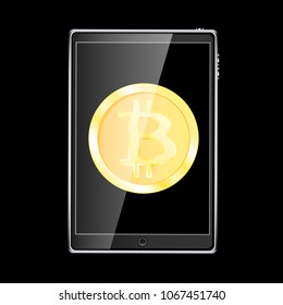 A large black realistic mobile smart touch-sensitive slim tablet computer with a gold coin bitcoin, a crypto-currency on the display is isolated on a black background. Vector illustration