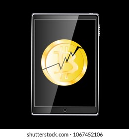 A large black realistic mobile smart touch sensitive thin tablet computer with a broken coin bitcoin, crypto currency cracked isolated on a black background. Vector illustration