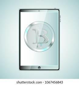 A large black realistic mobile smart touch sensitive thin tablet computer with a silvery bitcoat, crypto currency on the display is isolated on a blue background. Vector illustration