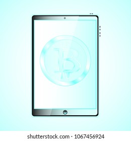 A large black realistic mobile smart touch sensitive slim tablet computer with a blue coin bitcoin, the crypto currency on the display is isolated on a blue. Vector illustration