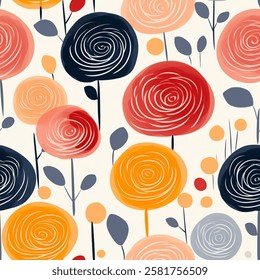 Large Black Red Orange Brown Grey White Abstract Wild Rose  Flower Elegant Leaf Watercolor Scandinavian Design Seamless Pattern Wallpaper Curtain Bedding Upholstery Pastel Fabric Background Vector