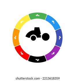 A large black road roller symbol in the center, surrounded by eight white symbols on a colored background. Background of seven rainbow colors and black. Vector illustration on white background