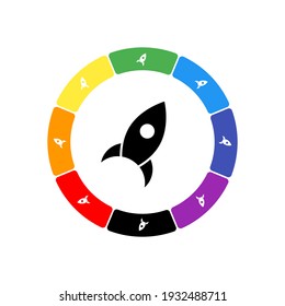 A large black rocket symbol in the center, surrounded by eight white symbols on a colored background. Background of seven rainbow colors and black. Vector illustration on white background