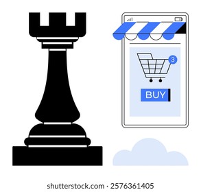 Large black rook chess piece beside smartphone screen with online store interface, including a shopping cart and purchase button. Blue notification bubble. Cloud symbol below. Ideal for marketing