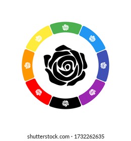A large black rose in the center, surrounded by eight white symbols on a colored background. Background of seven rainbow colors and black. Vector illustration on white background