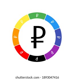 A large black ruble symbol in the center, surrounded by eight white symbols on a colored background. Background of seven rainbow colors and black. Vector illustration on white background