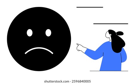 Large black sad face beside person pointing right with lines above. Ideal for emotional health awareness, mental health campaigns, educational material, psychological discussions, social media