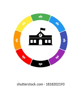 A large black school building symbol in the center, surrounded by eight white symbols on a colored background. Background of seven rainbow colors and black. Vector illustration on white background