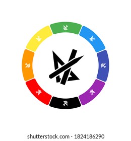 A large black school supplies symbol in the center, surrounded by eight white symbols on a colored background. Background of seven rainbow colors and black. Vector illustration on white background