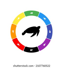 A large black sea turtle symbol in the center, surrounded by eight white symbols on a colored background. Background of seven rainbow colors and black. Vector illustration on white background