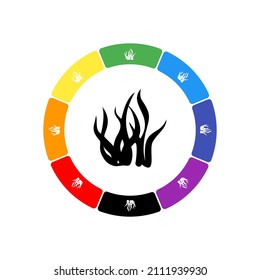 A large black seaweed symbol in the center, surrounded by eight white symbols on a colored background. Background of seven rainbow colors and black. Vector illustration on white background