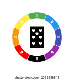 A large black seven of hearts playing card in the center, surrounded by white symbols on a colored background. Background of rainbow colors and black. Vector illustration on white background