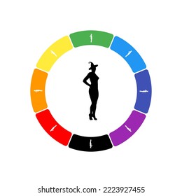 A large black sexy witch symbol in the center, surrounded by eight white symbols on a colored background. Background of seven rainbow colors and black. Vector illustration on white background
