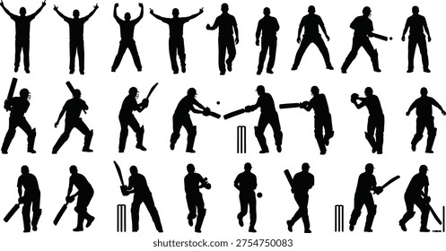 Large black silhouette collection of cricket players in various poses including batting, bowling, fielding, and celebrating, professional sportsman action figures for sports design projects.