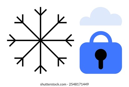 A large black snowflake, a blue lock with a keyhole, and a light blue cloud. Ideal for data security, winter safety, cloud storage, encryption, and technology themes. Simple, clean, modern style