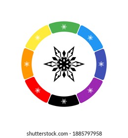 Eine große schwarze Schneeflocke in der Mitte, umgeben von acht weißen Symbolen auf buntem Hintergrund. Hintergrund von sieben Regenbogenfarben und Schwarz. Vektorgrafik auf weißem Hintergrund